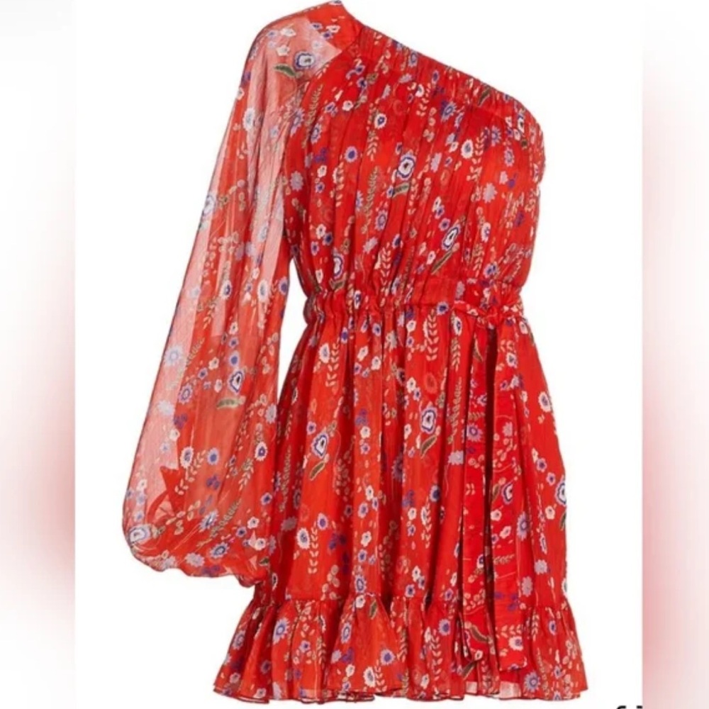 Alexis red floral one shoulder balloon sleeve ruffle mini dress